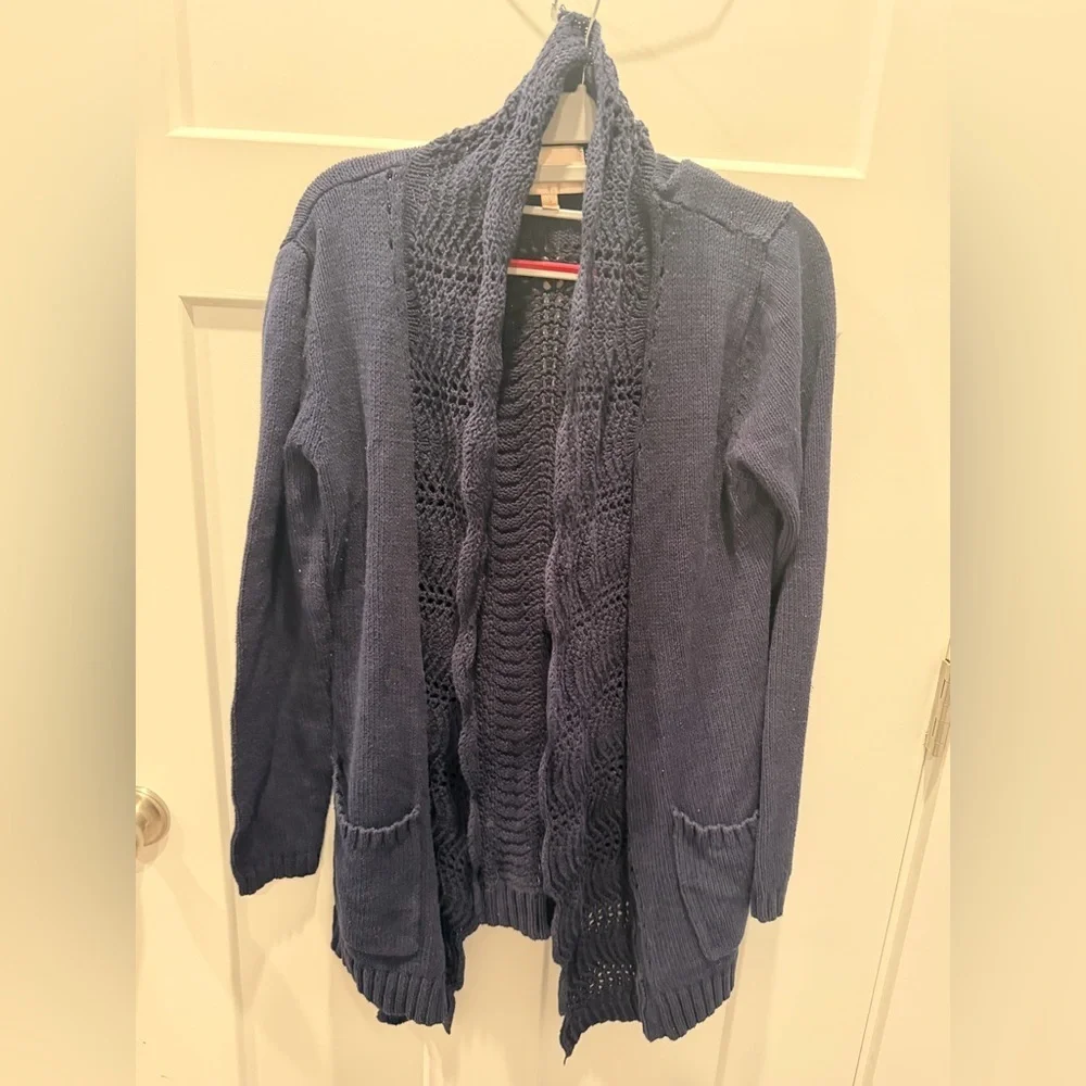 Skies Are Blue Navy Open Front Knit Cardigan Women’s L Textured Pocket Sweater